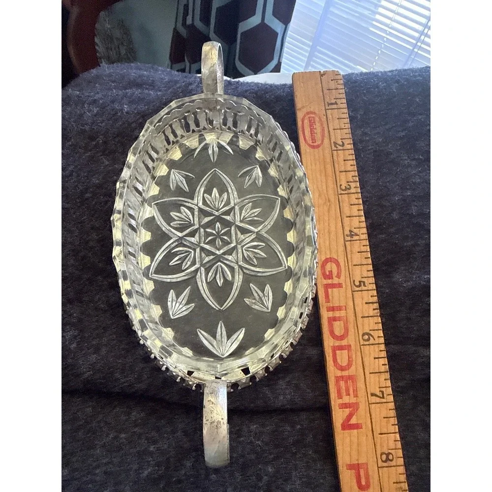 Vintage Etched Glass Trinket Dish Silver Tone Handled Oval Vanity Tray Starburst